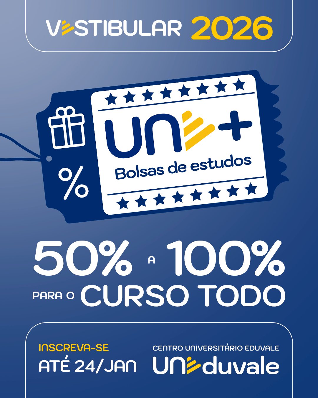 Vestibular UNEDUVALE 2026 com 50% a 100% de bolsas