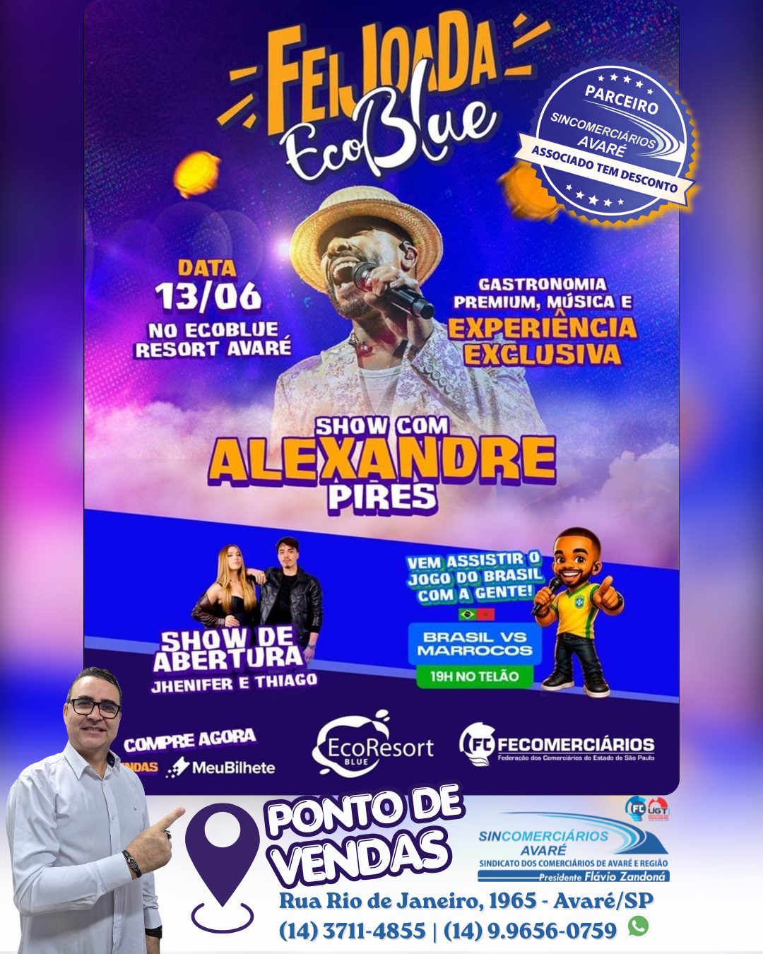 1ª Feijoada EcoBlue promete agitar Avaré com show de Alexandre Pires, gastronomia e transmissão do jogo do Brasil